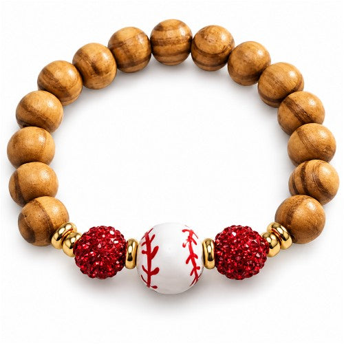 Baseball Wood Bead Stretch Bracelet