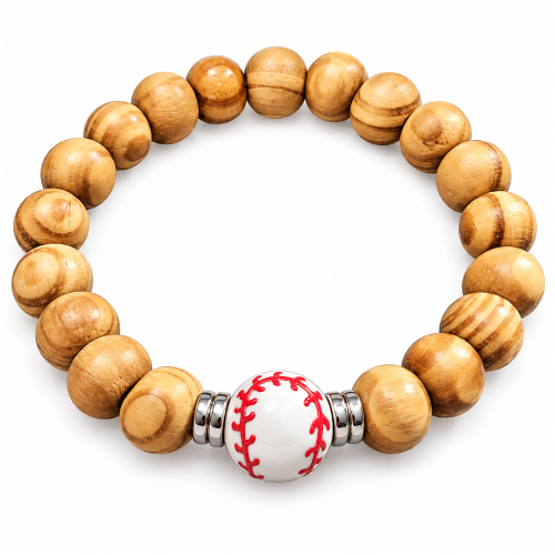 Baseball Wood Beaded Stretch Bracelet - Style 2