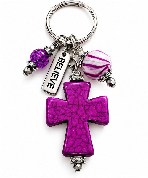 Purple Stone Believe Cross Keychain